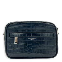 Logo Crossbody Bag Black in Crocodile Embossed Calfskin, Silver hardware