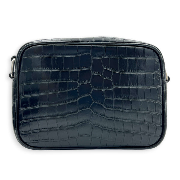 Logo Crossbody Bag Black in Crocodile Embossed Calfskin, Silver hardware