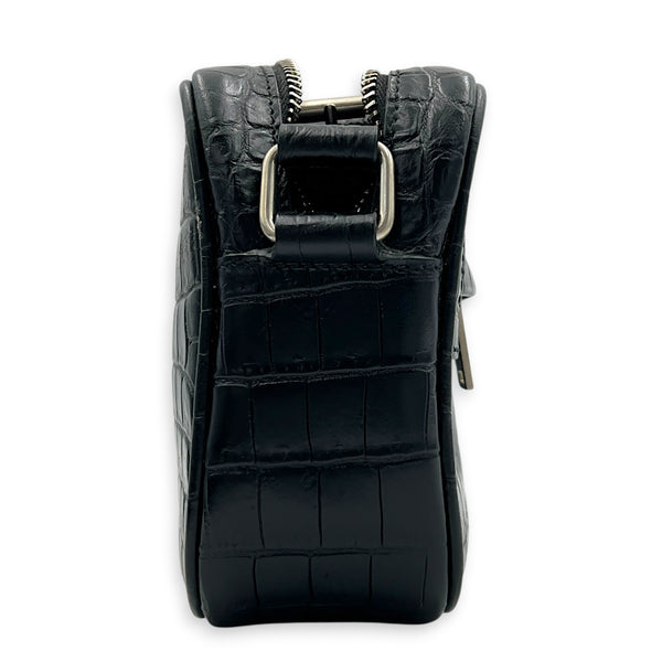 Logo Crossbody Bag Black in Crocodile Embossed Calfskin, Silver hardware