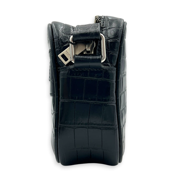 Logo Crossbody Bag Black in Crocodile Embossed Calfskin, Silver hardware