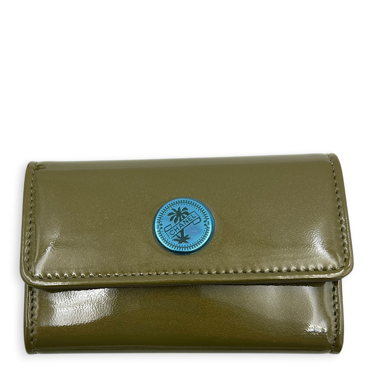 Logo Card Holder Green in Patent Leather, Silver hardware