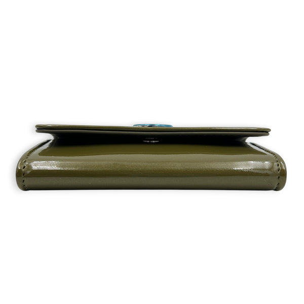 Logo Card Holder Green in Patent Leather, Silver hardware