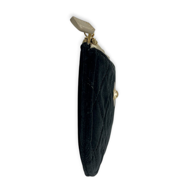 CC Pearl Quilted Ocase Zip Black Pouch in Velvet, Gold hardware