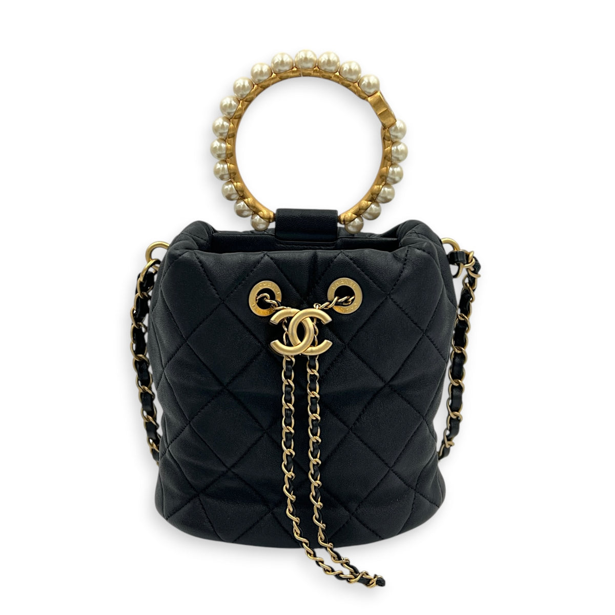 Pearl Handle Black Top Handle Bag in Lambskin, Gold hardware