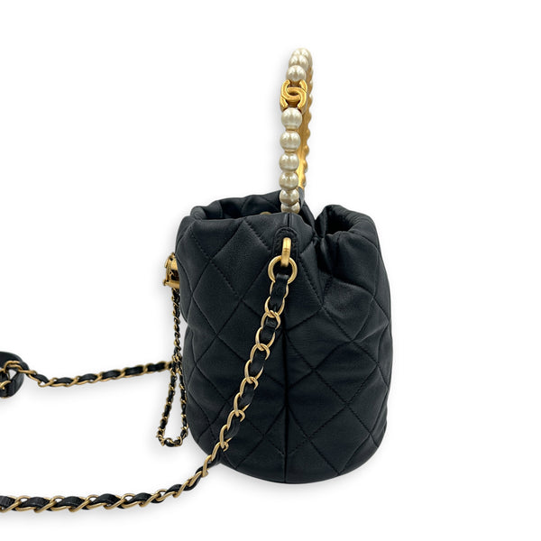 Pearl Handle Black Top Handle Bag in Lambskin, Gold hardware