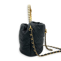 Pearl Handle Black Top Handle Bag in Lambskin, Gold hardware