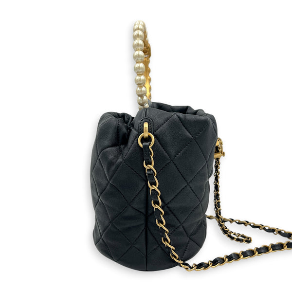 Pearl Handle Black Top Handle Bag in Lambskin, Gold hardware