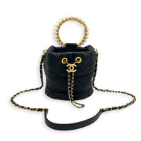 Pearl Handle Black Top Handle Bag in Lambskin, Gold hardware