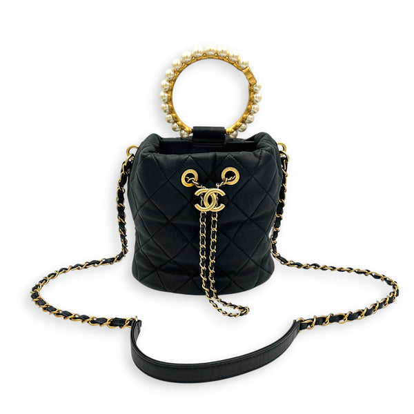 Pearl Handle Black Top Handle Bag in Lambskin, Gold hardware