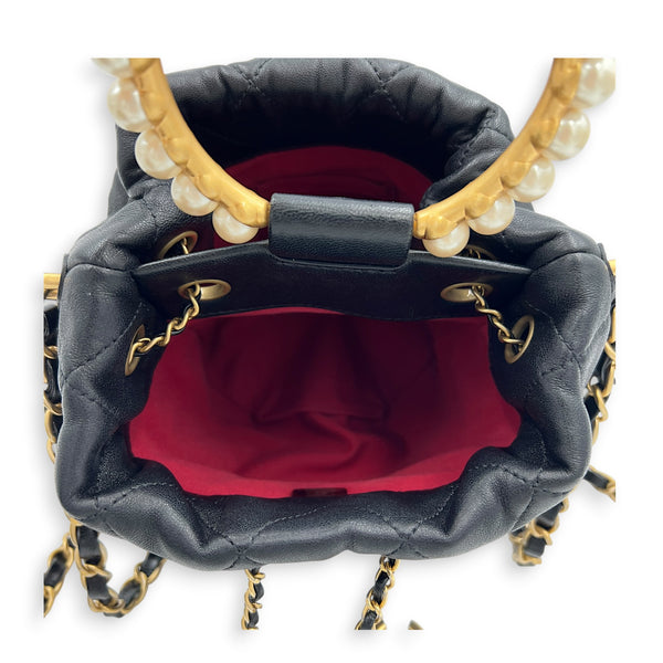 Pearl Handle Black Top Handle Bag in Lambskin, Gold hardware