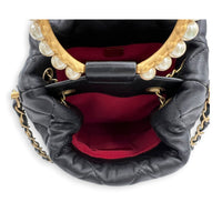 Pearl Handle Black Top Handle Bag in Lambskin, Gold hardware