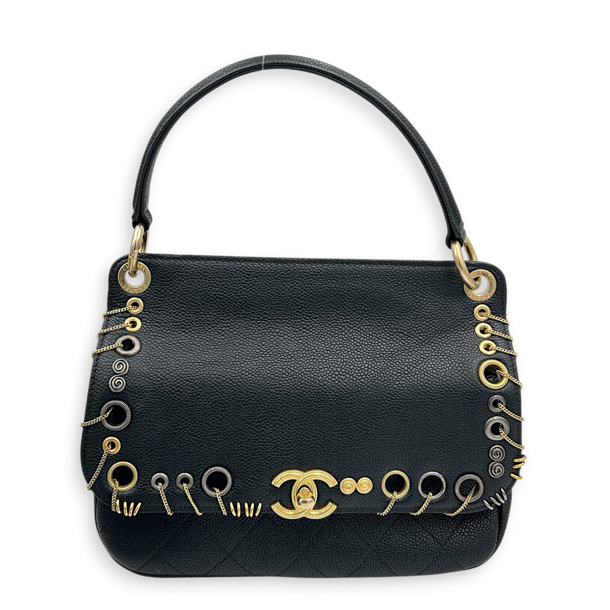 Piercing Chic Flap Top Handle Bag Black in Caviar Leather, Mixed hardware