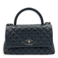 Coco Medium Black Top Handle Bag in Caviar Leather, Ruthenium hardware