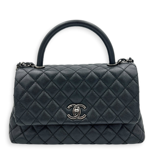 Coco Medium Black Top Handle Bag in Caviar Leather, Ruthenium hardware