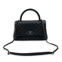 Coco Medium Black Top Handle Bag in Caviar Leather, Ruthenium hardware