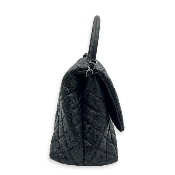 Coco Medium Black Top Handle Bag in Caviar Leather, Ruthenium hardware