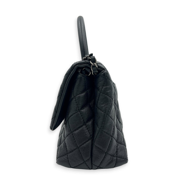 Coco Medium Black Top Handle Bag in Caviar Leather, Ruthenium hardware