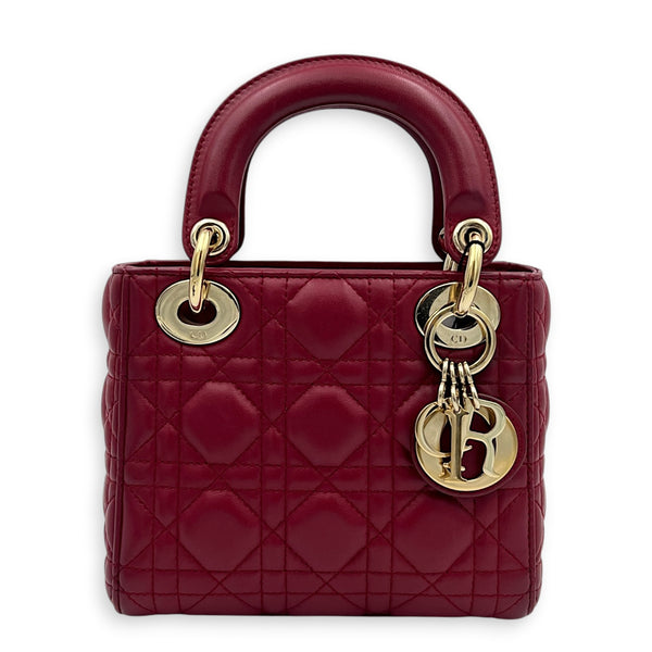 Lady Dior Mini Red Top Handle Bag in Lambskin, Gold hardware