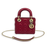 Lady Dior Mini Red Top Handle Bag in Lambskin, Gold hardware