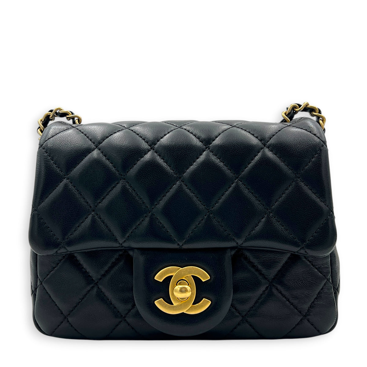 Square Pearl Crush Crossbody Bag Black in Lambskin, Gold hardware