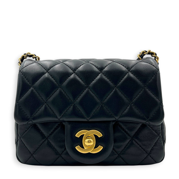 Square Pearl Crush Crossbody Bag Black in Lambskin, Gold hardware