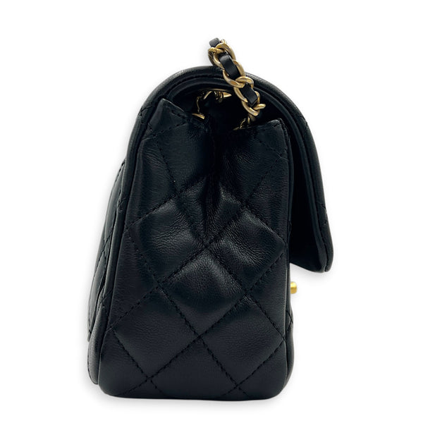 Square Pearl Crush Crossbody Bag Black in Lambskin, Gold hardware