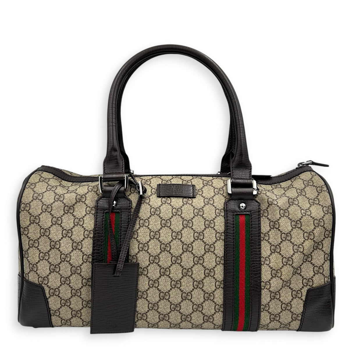 Boston Top Handle Bag Brown in Coated Canvas, Silver hardware