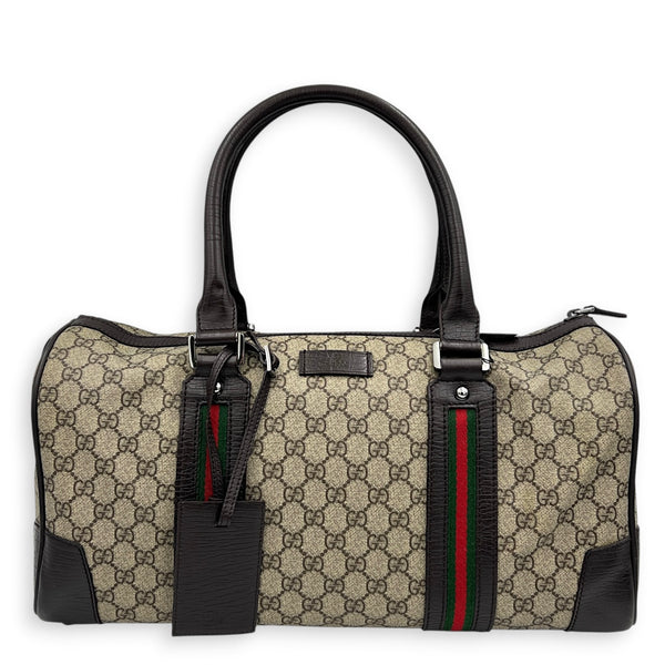 Boston Top Handle Bag Brown in Coated Canvas, Silver hardware