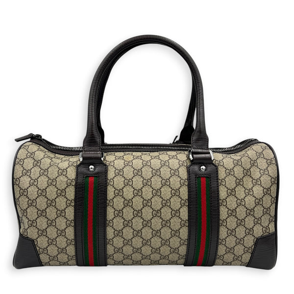 Boston Top Handle Bag Brown in Coated Canvas, Silver hardware
