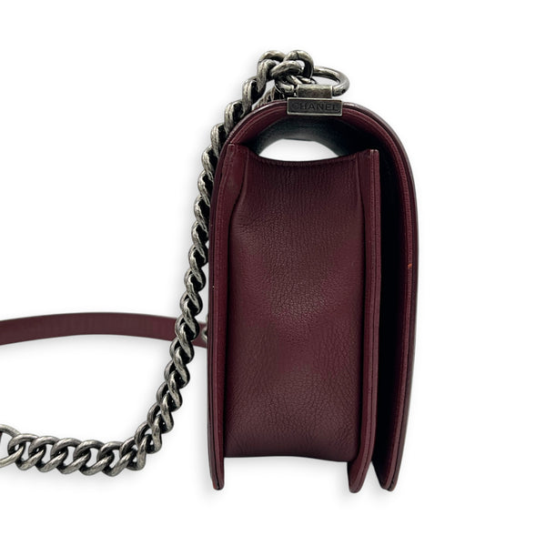 Boy Shoulder Bag Medium Red in Calfskin, Ruthenium hardware