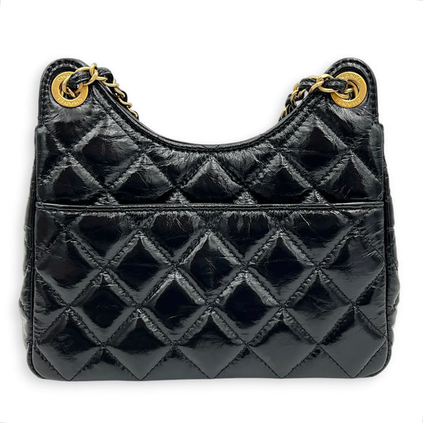 Shiny Crumpled Quilted CC Hobo Bag Small Black in Calfskin, Gold hardware
