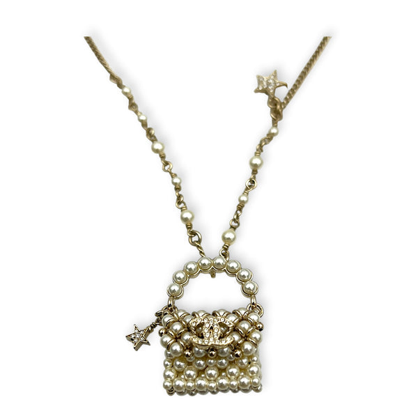 Mini Pearl Bag Gold Necklace in Metal, Gold hardware