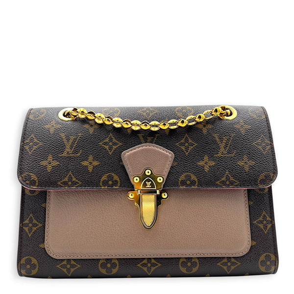 Victoire Shoulder Bag Brown in Coated Canvas, Gold hardware