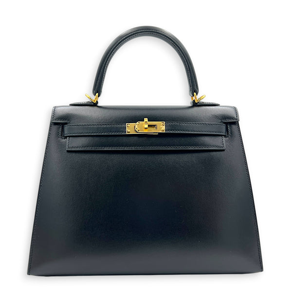 Sellier Kelly 25 Black Top Handle Bag in Box, Gold hardware