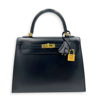 Sellier Kelly 25 Black Top Handle Bag in Box, Gold hardware