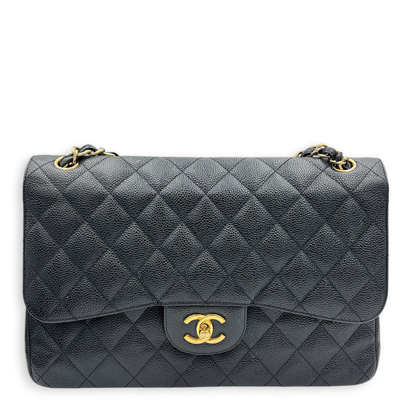 Classic Double Flap Crossbody Bag Jumbo Black in Caviar Leather, Gold hardware