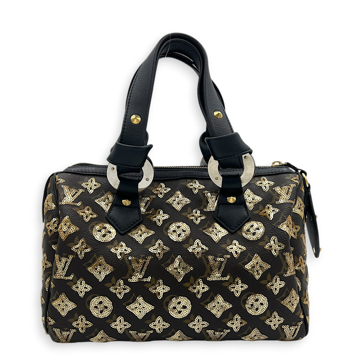 Sequins Eclipse Speedy 28 Black Top Handle Bag in Monogram Coated Canvas, Silver hardware