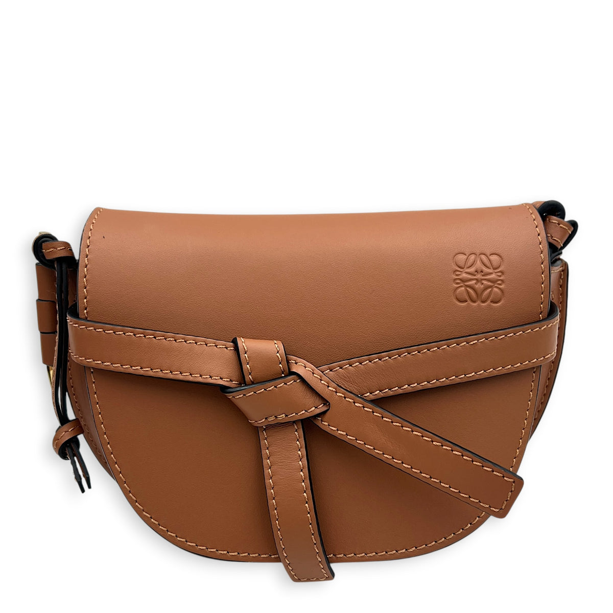 Gate Mini Brown Crossbody Bag in Calfskin, Gold hardware
