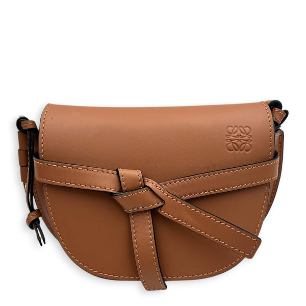 Gate Mini Brown Crossbody Bag in Calfskin, Gold hardware