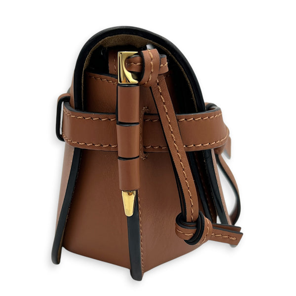 Gate Mini Brown Crossbody Bag in Calfskin, Gold hardware
