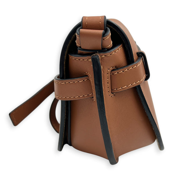 Gate Mini Brown Crossbody Bag in Calfskin, Gold hardware