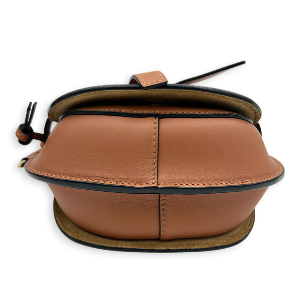 Gate Mini Brown Crossbody Bag in Calfskin, Gold hardware
