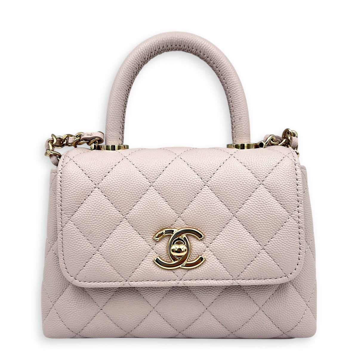 Coco Handle Quilted Super Mini Lilac Top Handle Bag in Caviar Leather, Gold hardware