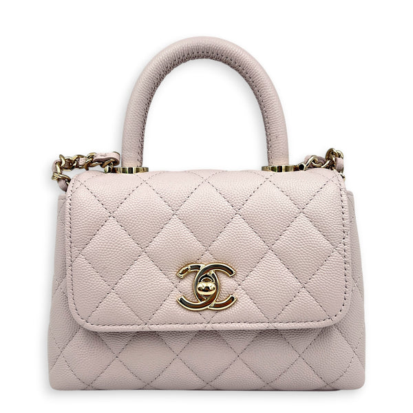 Coco Handle Quilted Super Mini Lilac Top Handle Bag in Caviar Leather, Gold hardware