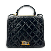 Rita Black Top Handle Bag in Waxed Calfskin, Gold hardware