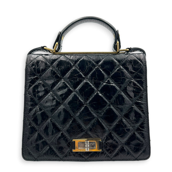 Rita Black Top Handle Bag in Waxed Calfskin, Gold hardware