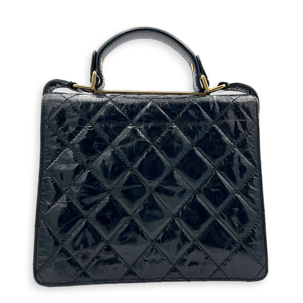 Rita Black Top Handle Bag in Waxed Calfskin, Gold hardware