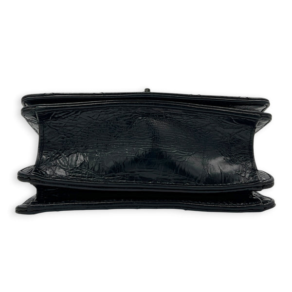 Rita Black Top Handle Bag in Waxed Calfskin, Gold hardware