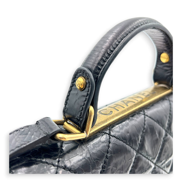 Rita Black Top Handle Bag in Waxed Calfskin, Gold hardware