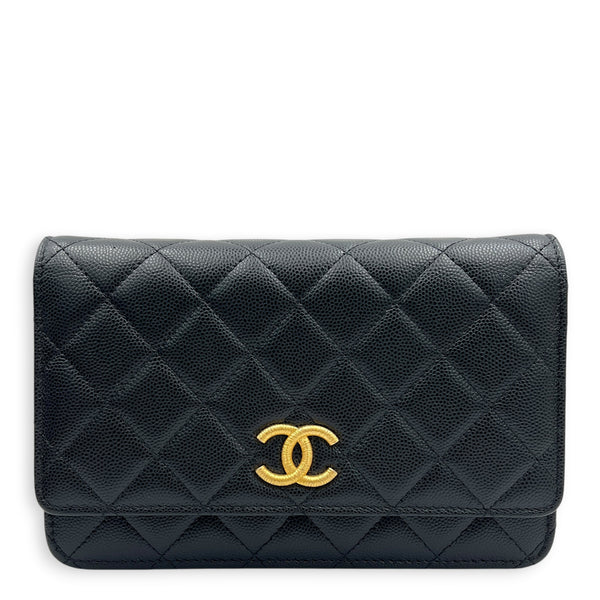 CC Wallet On Chain Black in Caviar Leather, Gold hardware